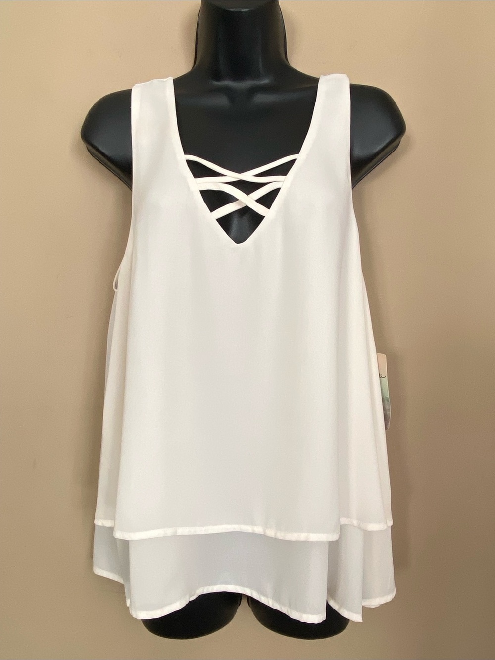 Lily White Ivory Layered V-Neck Crisscross Tank